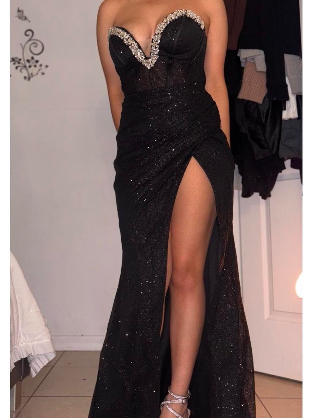 Ladivine Strapless Black Sequin Evening Gown with High Thigh Slit